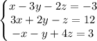 \left\{\begin{matrix}x - 3y - 2z = -3\\ 3x + 2y - z = 12\\ -x - y + 4z = 3\end{matrix}\right