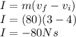 I = m (v_{f} - v_{i})\\I = (80) (3 - 4)\\I = - 80 Ns