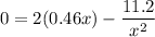 0 = 2(0.46x) - \dfrac{11.2}{x^2}