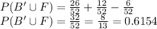 P(B'\cup F) = \frac{26}{52} +\frac{12}{52}-\frac{6}{52}\\P(B'\cup F) = \frac{32}{52} = \frac{8}{13} =0.6154