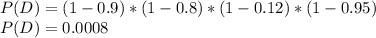 P(D) = (1-0.9)*(1-0.8)*(1-0.12)*(1-0.95)\\P(D) = 0.0008
