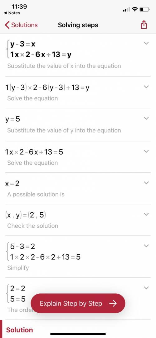 What is one of the solutions to the following system?  y-3 = x 1x2 - 6x+13=y (-5, 2) (-2, 1) (2,5) (