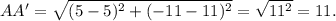 AA'=\sqrt{(5-5)^2+(-11-11)^2}=\sqrt{11^2}=11.