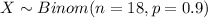 X \sim Binom(n=18, p=0.9)