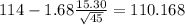 114-1.68\frac{15.30}{\sqrt{45}}=110.168