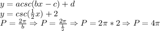 y=acsc(bx-c)+d\\y=csc(\frac{1}{2}x)+2\\P=\frac{2\pi}{b}\Rightarrow P=\frac{2\pi}{\frac{1}{2}} \Rightarrow P = 2\pi*2 \Rightarrow P=4\pi