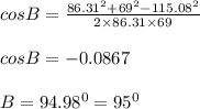 cosB=\frac{86.31^2+69^2-115.08^2}{2\times 86.31\times 69}\\\\cosB=-0.0867\\\\B=94.98^0=95^0