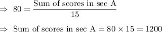 \Rightarrow\ 80=\dfrac{\text{Sum of scores in sec A}}{15}\\\\\Rightarrow\ \text{Sum of scores in sec A}=80\times15=1200