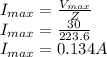 I_{max}=\frac{V_{max}}{Z} \\I_{max}=\frac{30}{223.6}\\ I_{max}=0.134A