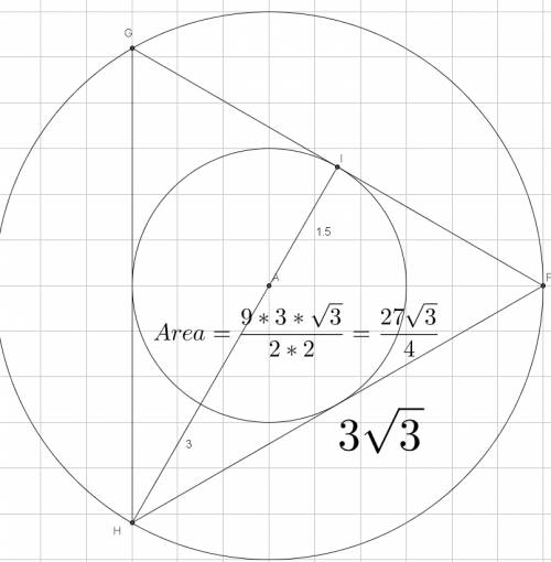 Find the area of an equilateral triangle with a 3 inch radius