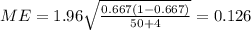 ME= 1.96 \sqrt{\frac{0.667 (1-0.667)}{50+4}}=0.126