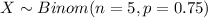 X \sim Binom(n=5, p=0.75)