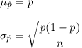 \mu _{\hat{p}}=p\\\\ \sigma_{\hat{p}}=\sqrt{\dfrac{p(1-p)}{n}}