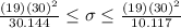 \frac{(19)(30)^2}{30.144} \leq \sigma \leq \frac{(19)(30)^2}{10.117}