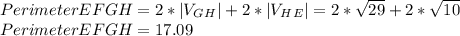 Perimeter EFGH=2*|V_G_H|+2*|V_H_E|=2*\sqrt{29} +2*\sqrt{10} \\Perimeter EFGH=17.09