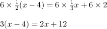 6\times \frac{1}{2}(x-4)=6\times \frac{1}{3}x+6\times 2\\ \\ 3(x-4)=2x+12