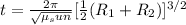 t = \frac{2\pi}{\sqrt{\mu_sun}} [\frac{1}{2}(R_1 + R_2)]^{3/2}