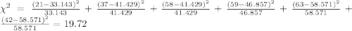 \chi^2 = \frac{(21-33.143)^2}{33.143}+\frac{(37-41.429)^2}{41.429}+\frac{(58-41.429)^2}{41.429}+\frac{(59-46.857)^2}{46.857}+\frac{(63-58.571)^2}{58.571}+\frac{(42-58.571)^2}{58.571} =19.72
