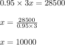 0.95\times 3x=28500\\\\x=\frac{28500}{0.95\times3}\\\\x=10000