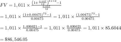 FV=1,011\times \frac{\left(1+ \frac{0.057}{12} \right)^{6\times12}-1}{\frac{0.057}{12}} \\  \\ =1,011\times \frac{(1+0.00475)^{72}-1}{0.00475} =1,011\times \frac{(1.00475)^{72}-1}{0.00475}  \\  \\ =1,011\times \frac{1.406621-1}{0.00475} =1,011\times \frac{0.406621}{0.00475} =1,011\times85.6044 \\  \\ =\$86,546.05