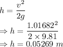 h=\dfrac{v^2}{2g}\\\Rightarrow h=\dfrac{1.01682^2}{2\times 9.81}\\\Rightarrow h=0.05269\ m