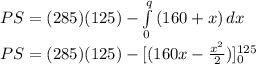 PS=(285)(125)-\int\limits^q_0 {(160+x)} \,dx\\PS=(285)(125)-[(160x-\frac{x^{2} }{2})]^{125}_{0}