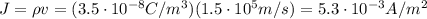 J= \rho v =( 3.5 \cdot 10^{-8}C/m^3)(1.5 \cdot 10^5 m/s)=5.3 \cdot 10^{-3} A/m^2