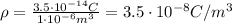 \rho =  \frac{3.5 \cdot 10^{-14}C}{1 \cdot 10^{-6}m^3}=3.5 \cdot 10^{-8}C/m^3