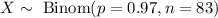 X\sim \text{ Binom}(p = 0.97, n = 83)