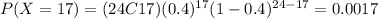P(X=17)=(24C17)(0.4)^{17} (1-0.4)^{24-17}=0.0017