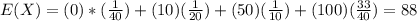 E(X)=(0)*(\frac{1}{40})+(10)(\frac{1}{20})+(50)(\frac{1}{10})+(100)(\frac{33}{40})=88