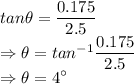 tan\theta=\dfrac{0.175}{2.5}\\\Rightarrow \theta=tan^{-1}\dfrac{0.175}{2.5}\\\Rightarrow \theta=4^{\circ}
