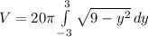 V=20\pi\int\limits^3_{-3} {\sqrt{9-y^{2}}} \, dy