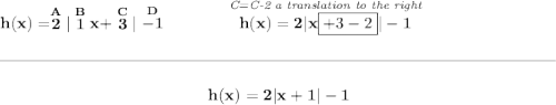 \bf h(x)=\stackrel{A}{2}|\stackrel{B}{1}x+\stackrel{C}{3}|\stackrel{D}{-1}\qquad \qquad \stackrel{\textit{C=C-2 a translation to the right}}{h(x)=2|x\boxed{+3-2}|-1} \\\\[-0.35em] \rule{34em}{0.25pt}\\\\ ~\hfill h(x)=2|x+1|-1~\hfill