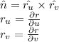 \hat{n} = \hat{r_{u}} \times \hat{r_{v}}\\r_{u}=\frac{\partial r}{\partial u}\\r_{v}=\frac{\partial r}{\partial v}