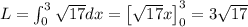 L=\int _0^3\sqrt{17}dx=\left[\sqrt{17}x\right]^3_0=3\sqrt{17}