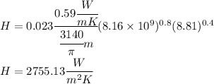 H=0.023\cfrac {0.59 \cfrac{W}{mK}}{\cfrac{3140}\pi m} (8.16\times10^9)^{0.8}(8.81)^{0.4}\\H=2755.13 \cfrac{W}{m^2 K}