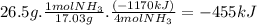 26.5g.\frac{1molNH_{3}}{17.03g} .\frac{(-1170kJ)}{4molNH_{3}} =-455kJ