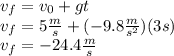 v_f=v_0+gt\\v_f=5\frac{m}{s}+(-9.8\frac{m}{s^2})(3s)\\v_f=-24.4\frac{m}{s}