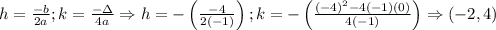 h=\frac{-b}{2a};k=\frac{-\Delta }{4a}\Rightarrow h=-\left ( \frac{-4}{2(-1)} \right ); k=-\left ( \frac{(-4)^{2}-4(-1)(0)}{4(-1)} \right )\Rightarrow (-2,4)