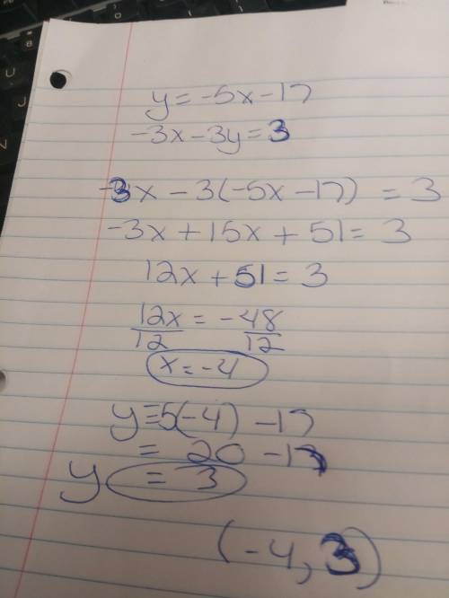Solve the following system of equations using the substitution method. y = –5x – 17 –3x – 3y = 3