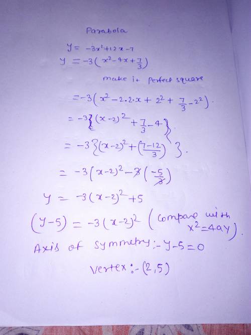 Find equation of the axis of symmetry of y= -3x^2+12x-7