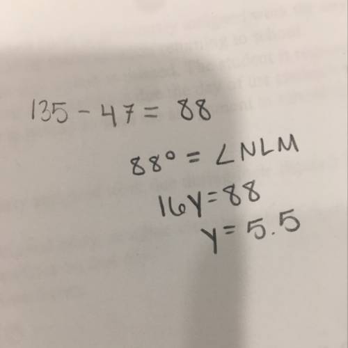Find the value of y, given that m< klm = 135