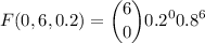 \displaystyle F(0,6,0.2)=\binom{6}{0}0.2^0 0.8^{6}