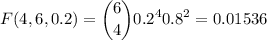 \displaystyle F(4,6,0.2)=\binom{6}{4}0.2^4 0.8^{2}=0.01536
