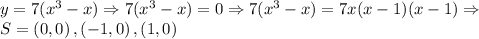 y=7(x^{3}-x)\Rightarrow 7(x^3-x)=0 \Rightarrow 7(x^{3}-x)=7x(x-1)(x-1)\Rightarrow \\S=\left ( 0,0 \right ),\left ( -1,0 \right ),\left ( 1,0 \right )