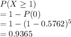P(X\geq 1)\\=1-P(0)\\= 1-(1-0.5762)^5\\=0.9365