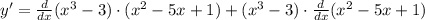 y'=\frac{d}{dx}(x^3-3)\cdot (x^2-5x+1)+(x^3-3)\cdot \frac{d}{dx}(x^2-5x+1)