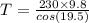 T = \frac{230 \times 9.8 }{cos(19.5)}