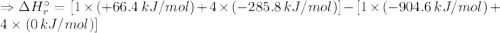 \Rightarrow \Delta H_{r}^{\circ } = [1 \times (+66.4\,kJ/mol) + 4 \times (-285.8\,kJ/mol) ] - [1 \times (-904.6\,kJ/mol) + 4 \times (0\,kJ/mol)]